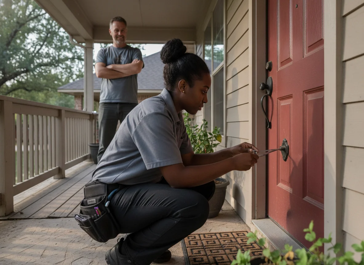 Emergency lockout service — locksmith unlocking a door in Austin, TX at night